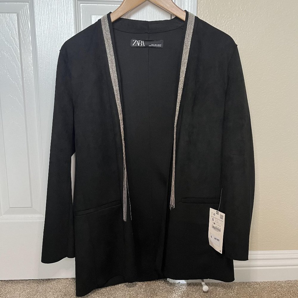 NWT Zara Women’s Black Faux Suede Jacket With Silver Jewel, Size S